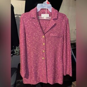 St. John Fuchsia Tweed Jacket and Skirt with Gold Accents